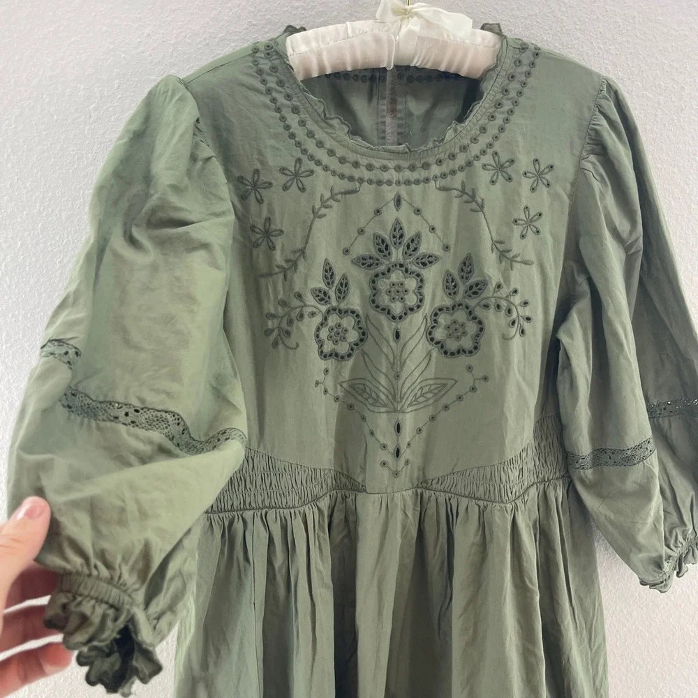 American Eagle Eyelet Embroidered Mini Dress Women M Green Cotton Ruffle Mori - Picture 7 of 15